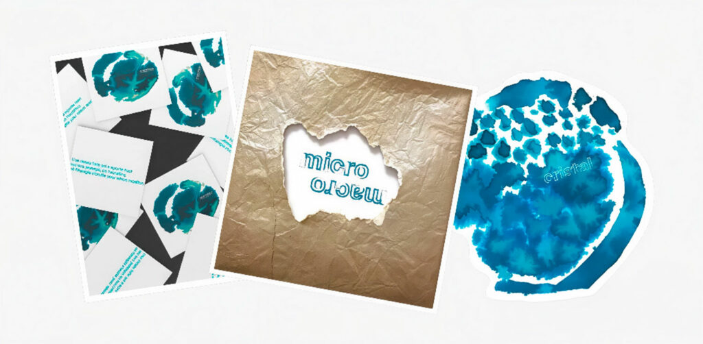 Montage en patch des déclinaisons graphiques du projet micro-macro : pochette, cartes et illustration aquarelle