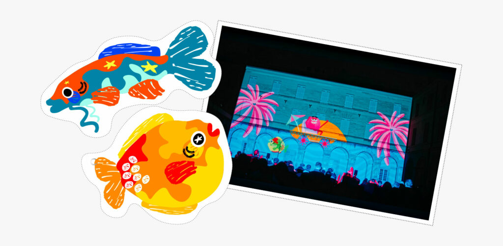 Montage en patch de poissons et projection sur le mur de l'agora projet coeur de ville en lumière 2025